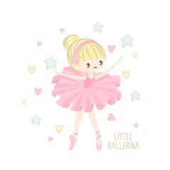 Cute ballerina on the background of stars, clouds and hearts. Vector illustration in a simple style.