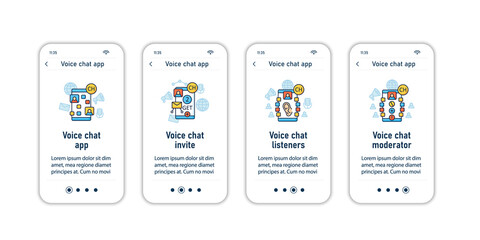 Naklejka na ściany i meble Drop in audio app onboarding mobile app screens. Application rules steps menu.Chat invitation link, listeners, moderator.Set of UI, UX, web template with RGB color linear icons