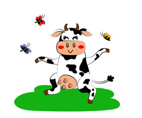 Cheerful cow and butterflies. Cartoon. Vector illustration.