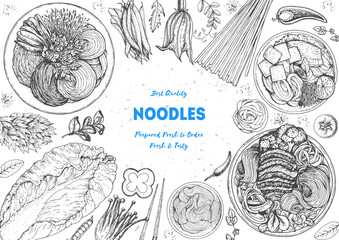 Asian food sketch vector illustration. Noodle dishes top view frame. Food menu design with cooked noodles . Vintage hand drawn sketch vector illustration. Asian cuisine menu background.