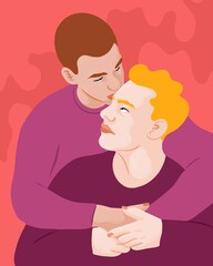 Gay couple. One kissing the other on the forehead.