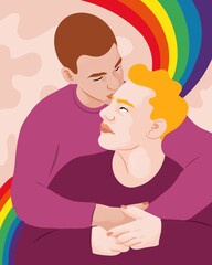 Gay couple. One kissing the other on the forehead. A Rainbow flowing through the background