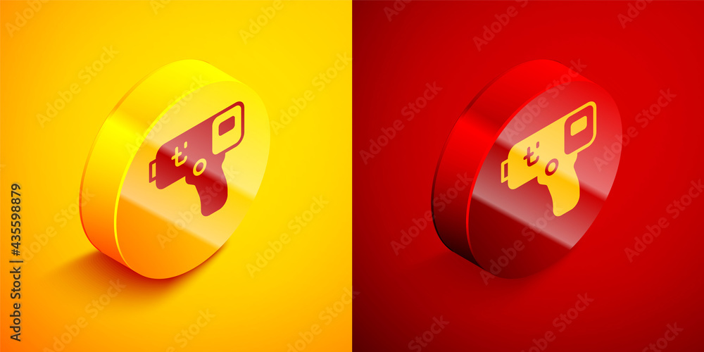 Poster isometric digital contactless thermometer with infrared light icon isolated on orange and red backgr