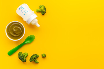 Fresh baby fruit food puree and milk bottle. Top view