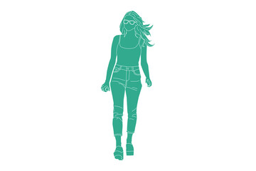 Vector illustration of casual woman walking on the sideroad with her drink, Flat style with outline