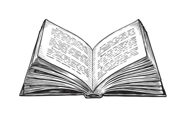 Open book with pages. Hand drawn vector sketch in vintage style