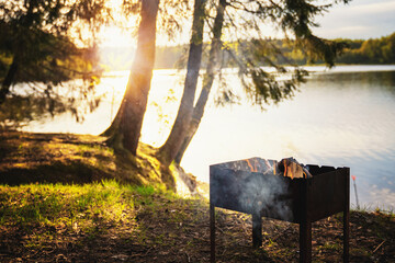 Burning logs in the grill in the forest by the lake at sunset. Beautiful landscape, summer local...