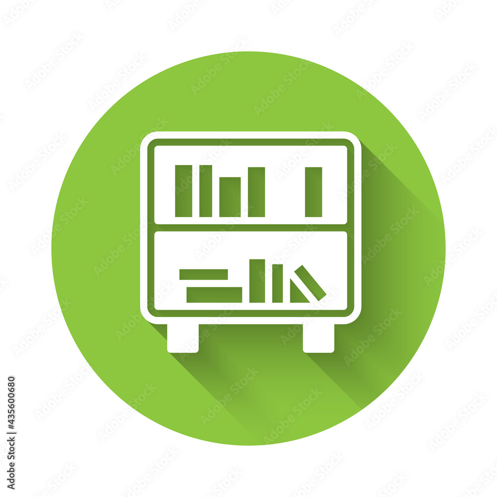 Poster white shelf with books icon isolated with long shadow. shelves sign. green circle button. vector