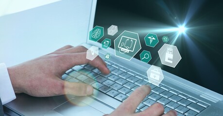 Composition of screen with medical data processing over male doctor using laptop