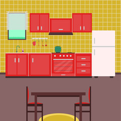 Kitchen. Interior with furniture, stove and cupboard. Fridge and table with chairs, culinary decor flat vector design