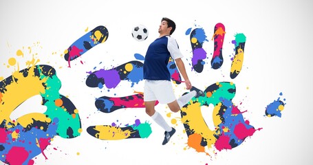 Composition of football player with ball over colourful handprints and white background