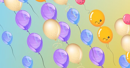 Composition of multiple purple, blue yellow balloons with faces on blue background