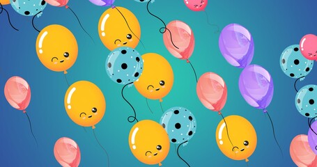 Composition of multiple pink, purple and yellow balloons with faces on blue background