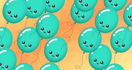 Composition of multiple green balloons with faces on yellow background