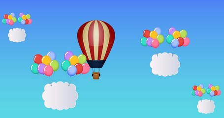 Fototapeta premium Composition of hot air balloon and multiple balloons with clouds and copy space on blue background