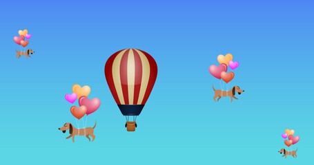 Composition of hot air balloon and multiple balloons with dogs on blue background