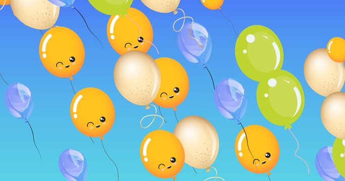 Composition of multiple blue and yellow balloons with faces on blue background