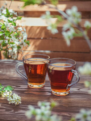 Tea party on a wooden table with branches of blossoming cherry. Black tea in glass mugs. Frame from white cherry flowers. Side view.
