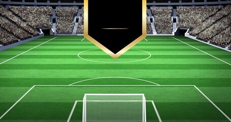 Composition of black result board with copy space over empty sports stadium with football pitch © vectorfusionart