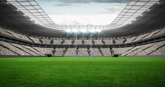 Composition of empty sports stadium with rugby field