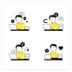 Workaholic flat icons set. Workaholism prevention and consequences. Workaholism treatment, ethic and dilemma.Conduct rules. Overworking concept.Vector illustrations