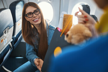 Pleasant woman receiving her hand baggage from airline steward