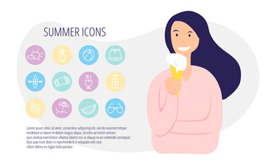Vector illustration girl eating cold ice cream in a wafer cone. Simple flat design woman in pink blouse with line summer beach icons