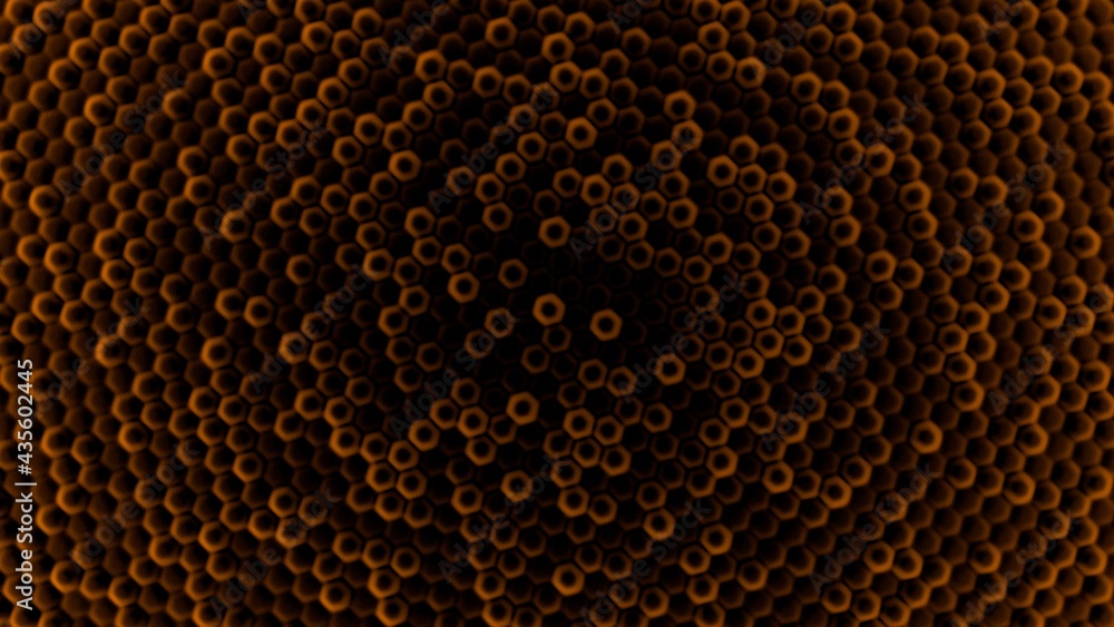 Poster black-orange abstract background of volumetric bulges in the form of hexagons. desktop wallpaper. re
