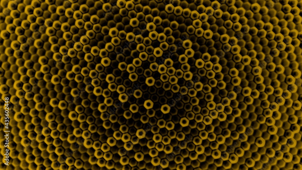 Poster black-orange abstract background of volumetric bulges in the form of hexagons. desktop wallpaper. re