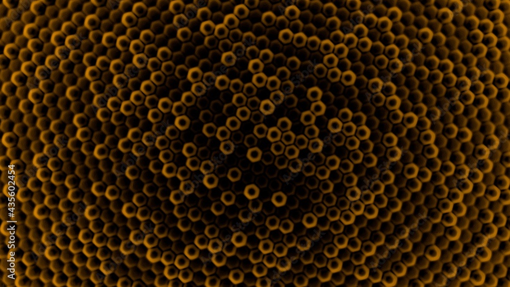 Poster black-orange abstract background of volumetric bulges in the form of hexagons. desktop wallpaper. re