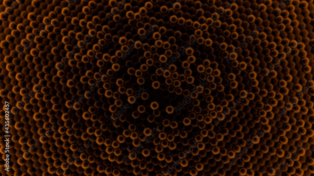Poster black-orange abstract background of volumetric bulges in the form of hexagons. desktop wallpaper. re