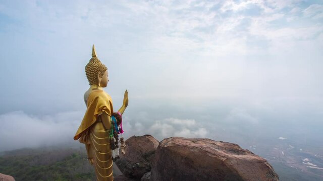Wat Khao Phra Ya Dern Thong View Point Lopburi Thailand. Timelapse clouds moving fast in during sunrise