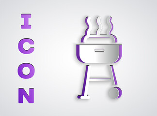 Paper cut Barbecue grill icon isolated on grey background. BBQ grill party. Paper art style. Vector