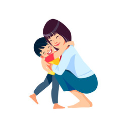Asian woman mother and child. Mom hugging her son with a lot of love and tenderness. Mother's day, holiday concept. Cartoon flat isolated vector design