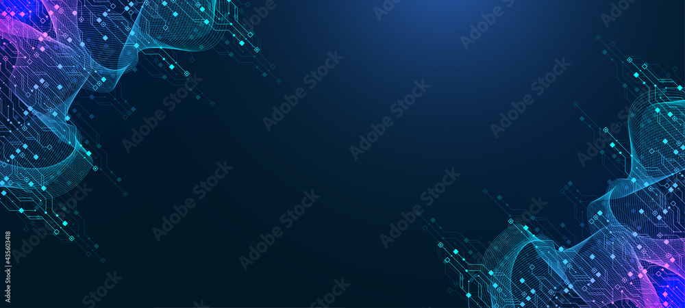 Fototapete Modern technology circuit board texture background design. Quantum computer technologies concepts, large data processing. Futuristic blue circuit board background. Minimal vector motherboard