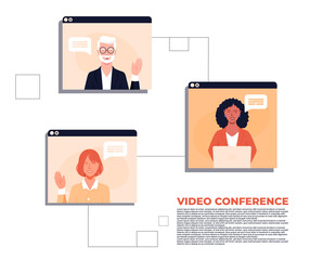 vector of three people in a virtual business video conference there is an African American woman, an old man and a young Asian woman.