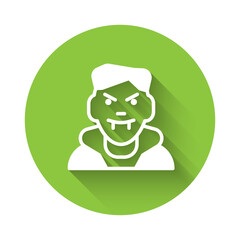 White Vampire icon isolated with long shadow. Happy Halloween party. Green circle button. Vector