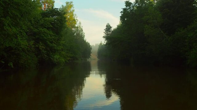 A beautiful canyon of trees on a forest river. Silence in unique natural locations far from civilisation.
Mirror surface of the river water surface in the middle of the forest. 