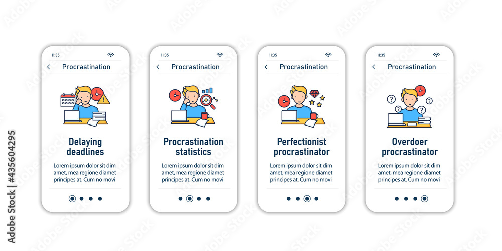 Aufkleber procrastination onboarding mobile app screens. postpone unpleasant tasks for later.delay. overwhelme