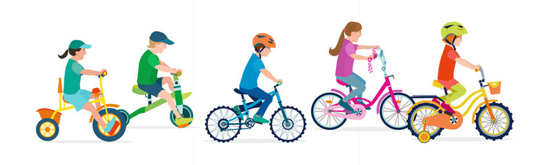 Set of flat happy kids on bicycles. Child riding colorful bike on white background. Girl and boy kids outdoor bike sport. Vector illustration.
