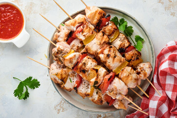 Chicken shish kebab or skewers kebab in a ceramic plate, spices, cilantro herbs and vegetables on white table background. Barbecue Raw ingredients for goulash or shish kebab. Top view. Free copy space