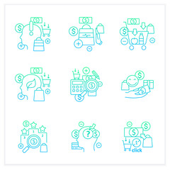 Mindful spendings gradient icons set. Conscious buying, conscious consumer,buy less. Shopaholism, sales, green thinking. Isolated vector illustration.Suitable to banners, mobile apps and presentation
