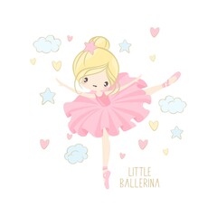 Cute ballerina on the background of stars, clouds and hearts. Vector illustration in a simple style.
