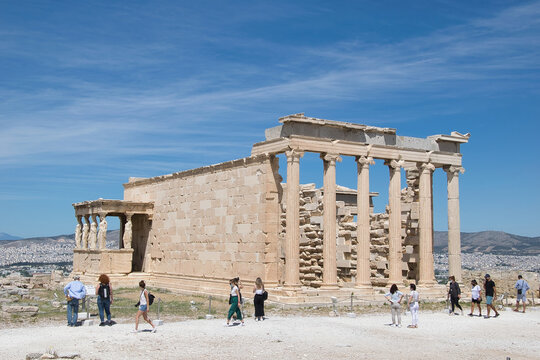 Temple of Erechteion with the caryatids statues at Acropolis, Athens, Greece 5-18-2021