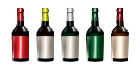 Dark colored glass wine bottle with blank label isolated on white background, vector illustration. Template for design. Easy to recolor