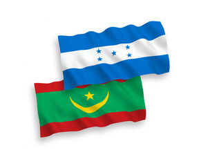 Fototapeta premium National vector fabric wave flags of Islamic Republic of Mauritania and Honduras isolated on white background. 1 to 2 proportion.
