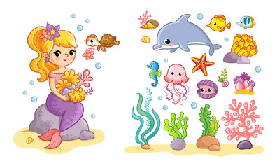 Fototapeta na wymiar Big set with a mermaid and sea animals. Vector illustration in cartoon style