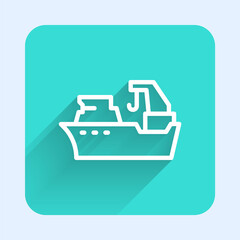 White line Fishing boat icon isolated with long shadow. Fishing trawler. Green square button. Vector