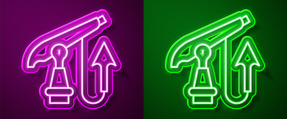 Glowing neon line Fishing harpoon icon isolated on purple and green background. Fishery manufacturers for catching fish under water. Diving underwater equipment. Vector