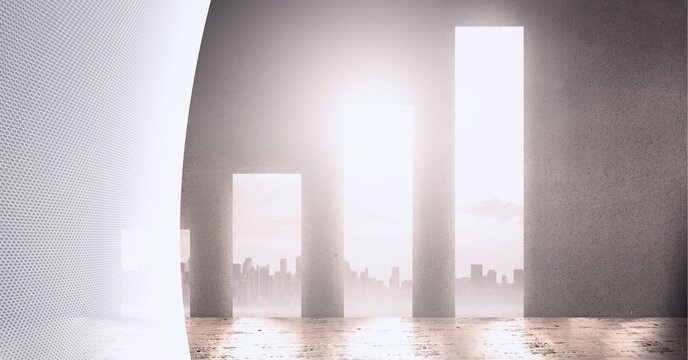 Statistical data processing and spot of light over cityscape against technology background